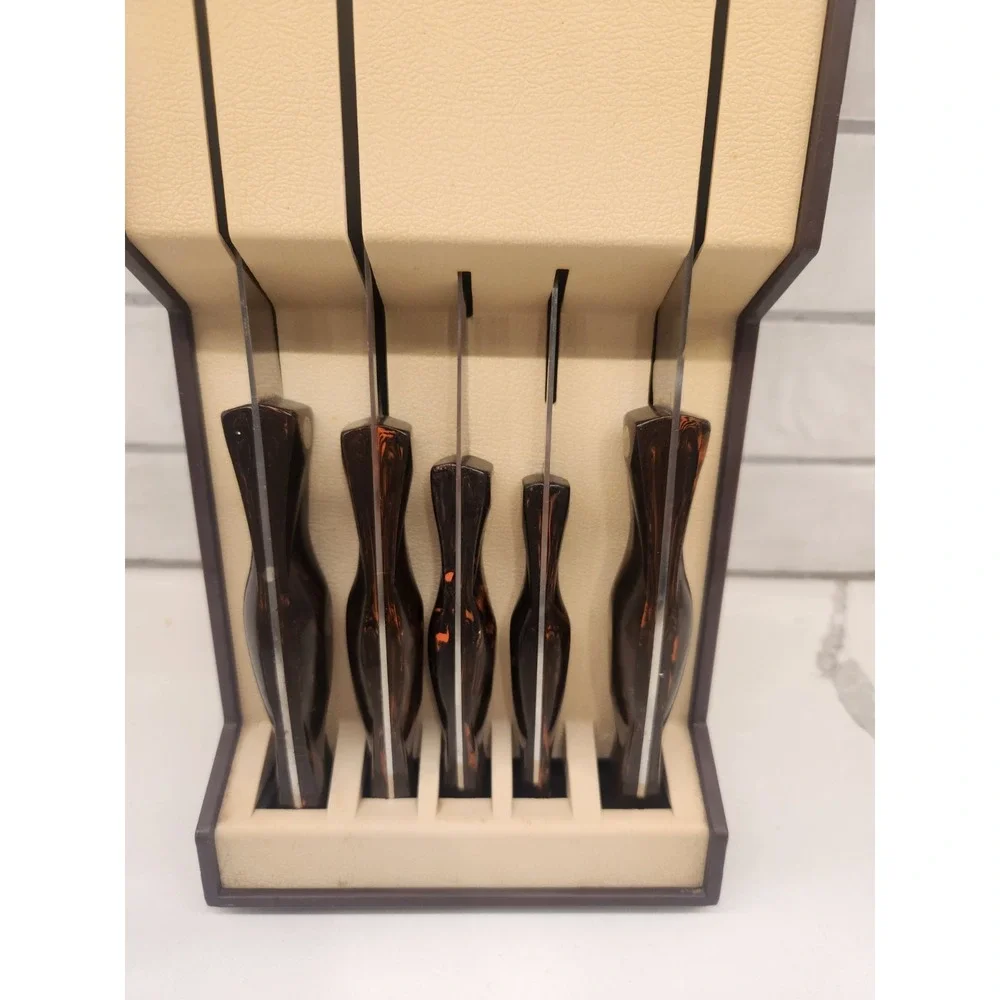 Vintage Cutco 5 Piece Knife Set With Plastic Space Saver Wall Mount & Sharpener